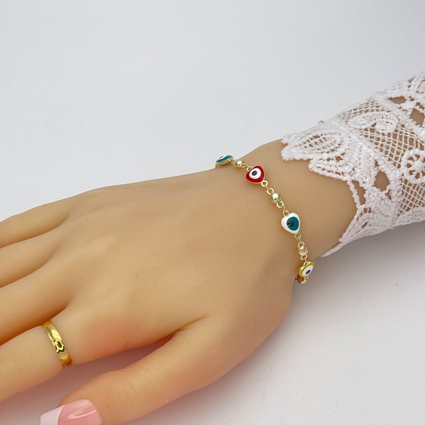 Multicolor Evil Eye Bracelet | Turkish Eye Gold Bracelet | Greek Eye Gold Bracelet, Evil Eye Charm | Gift for Her, Gold Bracelet 6.5”  8”