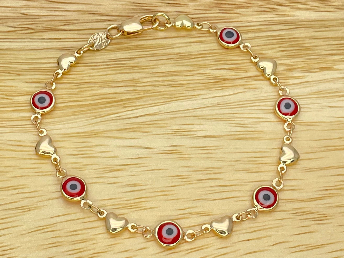 GREEN & WHITE Evil Eye Handmade Dainty Gold Bracelet, Minimalist Evil Eye Charm Beads, Gold Filled Heart Bracelet a Gift for Her or Gift Mom