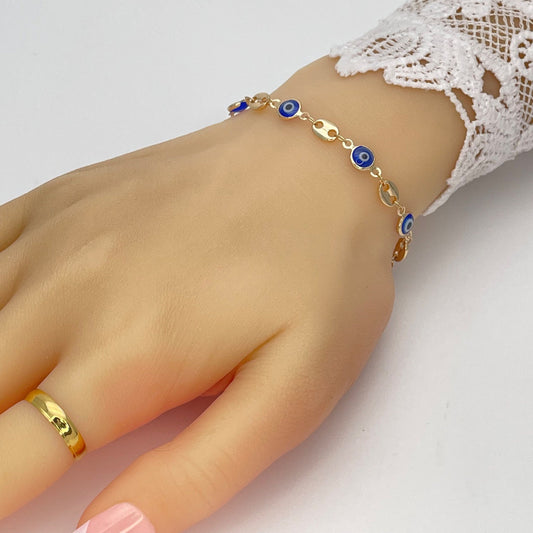 BLUE & WHITE MARINER Chain Evil Eye Gold Bracelet, Minimalist Handmade Gold Bracelet, Dainty Evil Eye Bead Bracelet, Gift for Her