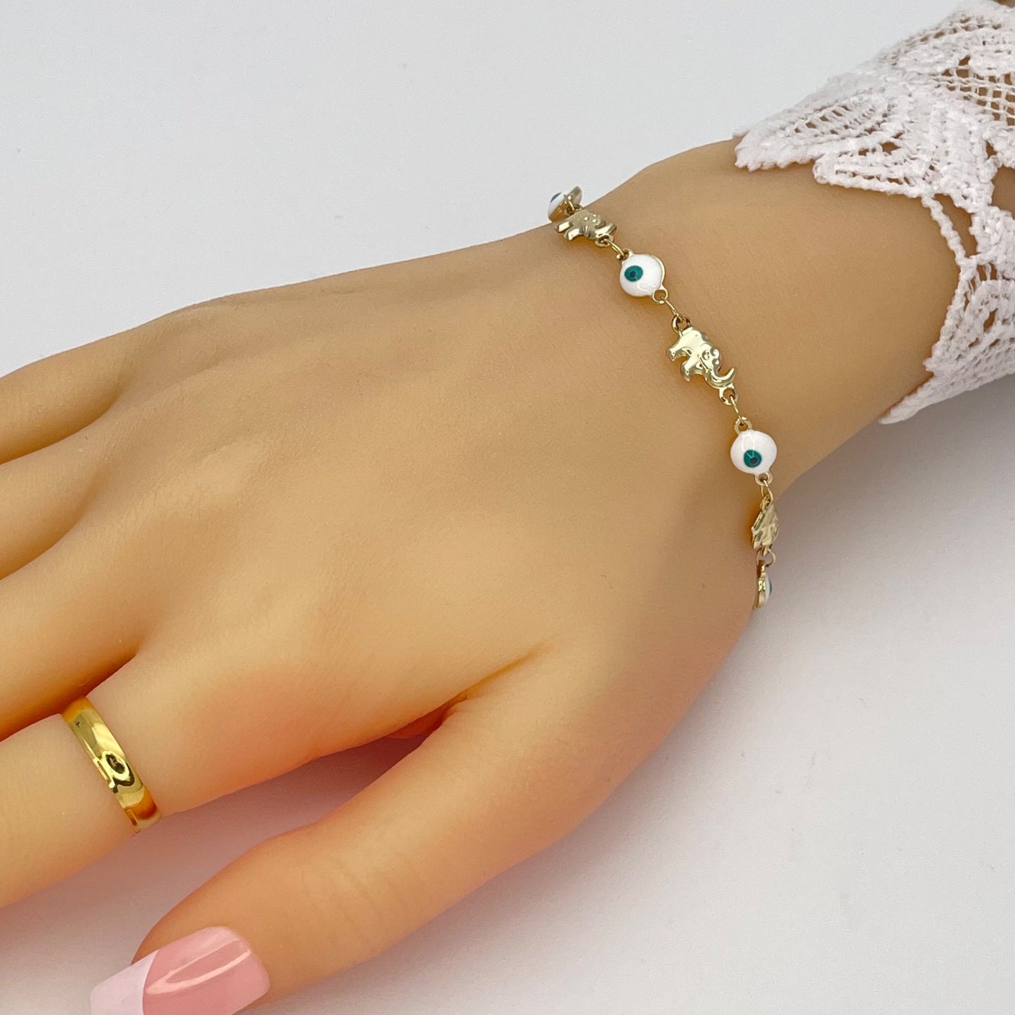 WHITE & GREEN Evil Eye ELEPHANT Gold Bracelet, Minimalist Handmade Gold Jewelry a Dainty Evil Eye Bracelet, Gold Evil Eye, Gift for Her