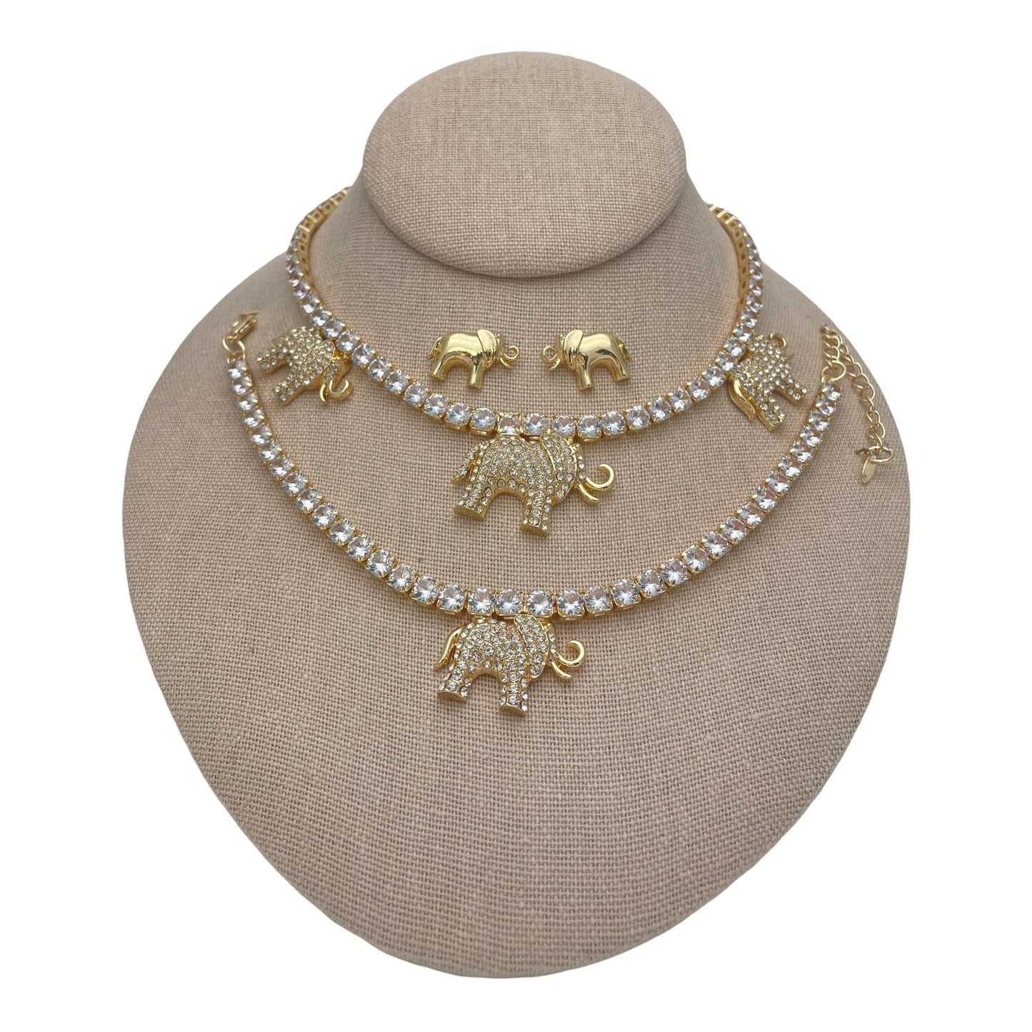 HUGS & KISSES Crystal Gold Necklace, Statement Necklace Gold Bracelet Set, XOXO Elephant Necklace Set, Gift For Her, Gift For Mom