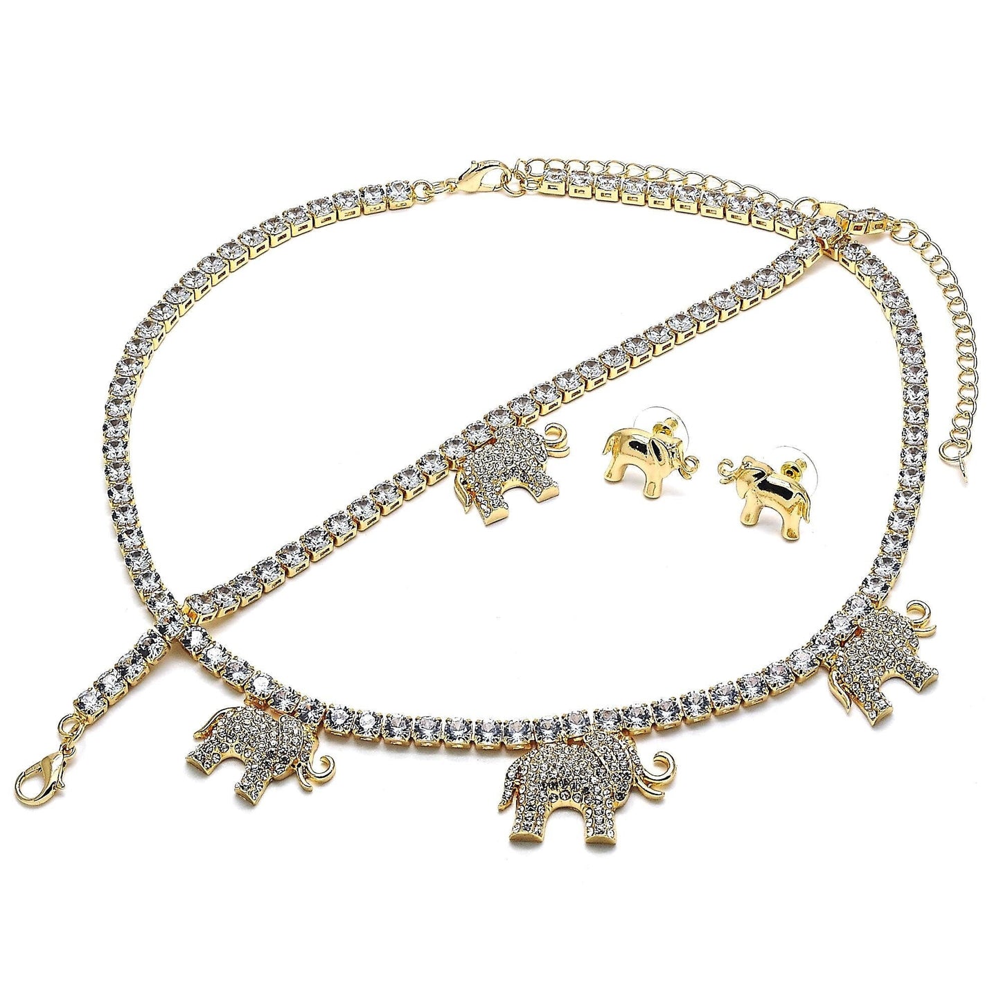 HUGS & KISSES Crystal Gold Necklace, Statement Necklace Gold Bracelet Set, XOXO Elephant Necklace Set, Gift For Her, Gift For Mom