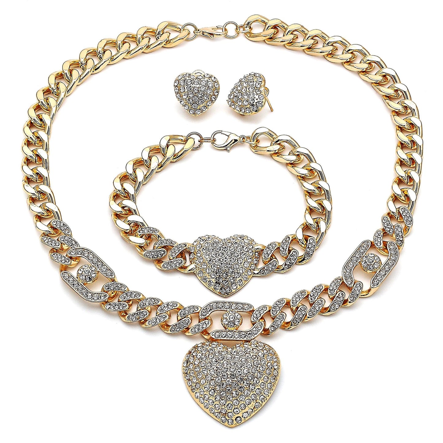 Gold Necklace HUGS & KISSES Necklace Set, Statement Cuban Link Crystal Necklace, XOXO Necklace Set  Heart Charm, A Nice Gift For Her