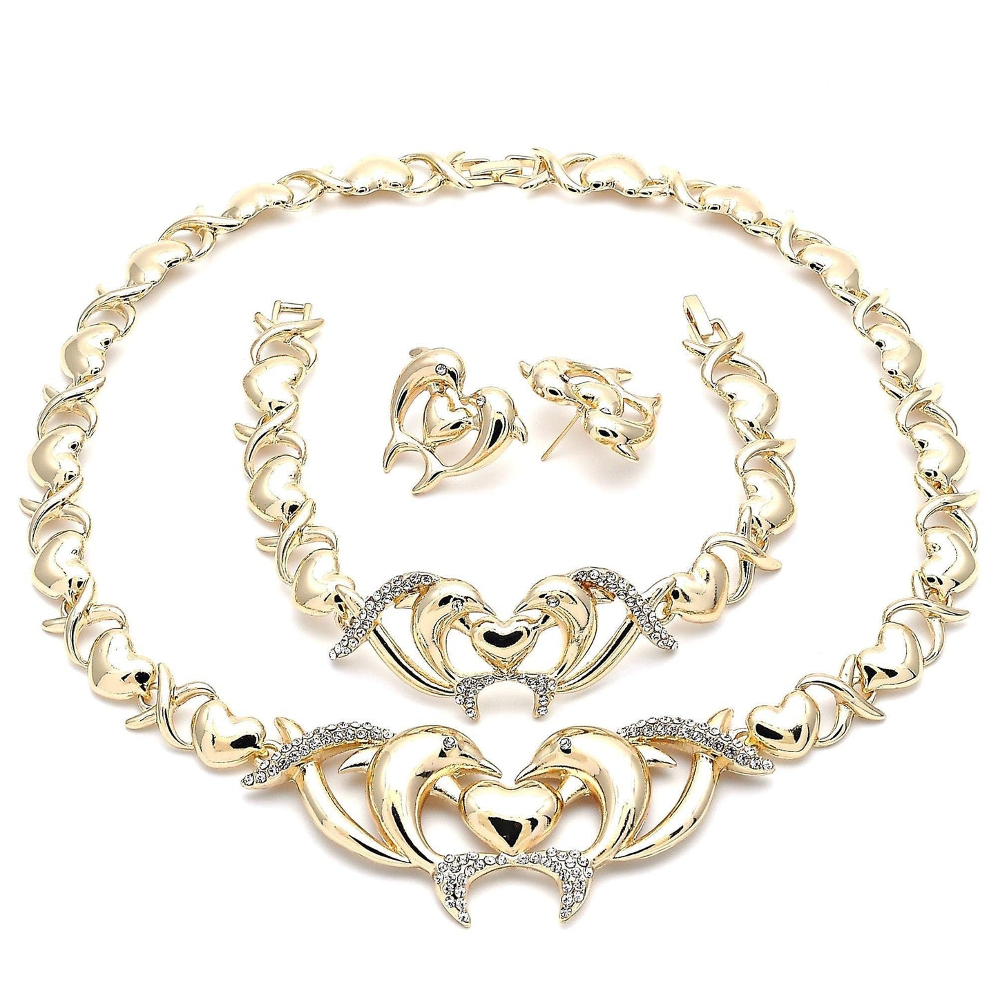 Gold Jewelry Set |HUGS and KISSES Xo Set | 18K Real Gold Filled Jewelry Set - XOXO Necklace Set | Heart Jewelry Set | Dolphin Jewelry Set