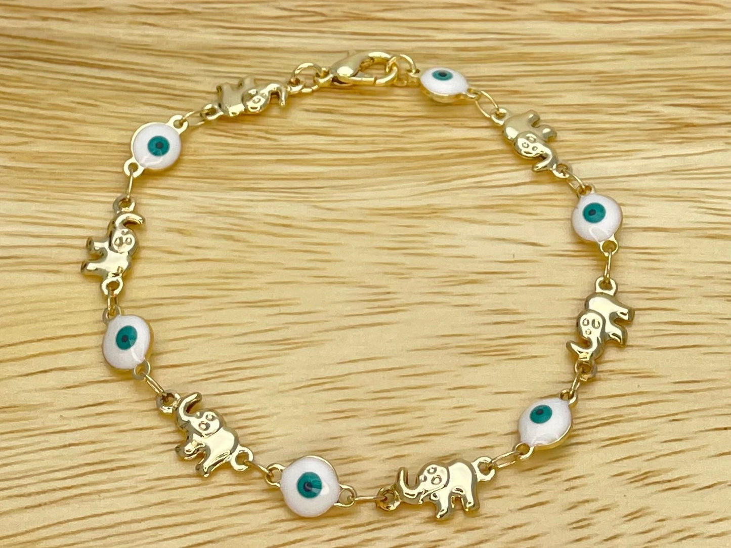 WHITE & GREEN Evil Eye ELEPHANT Gold Bracelet, Minimalist Handmade Gold Jewelry a Dainty Evil Eye Bracelet, Gold Evil Eye, Gift for Her