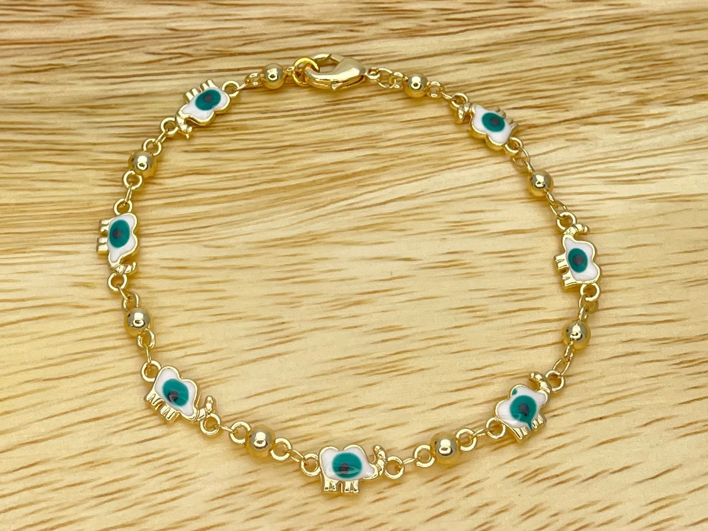 WHITE & GREEN Evil Eye ELEPHANT Bracelet Gold Bracelet, Minimalist handmade Bracelet of Evil Eye, Dainty Bracelet, Gold Filled, Gift for Her