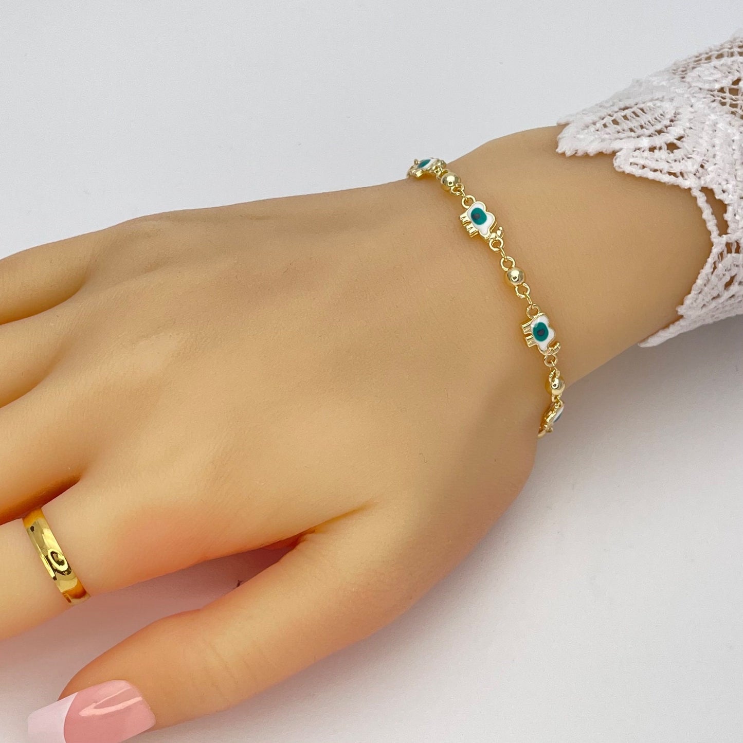 WHITE & GREEN Evil Eye ELEPHANT Bracelet Gold Bracelet, Minimalist handmade Bracelet of Evil Eye, Dainty Bracelet, Gold Filled, Gift for Her