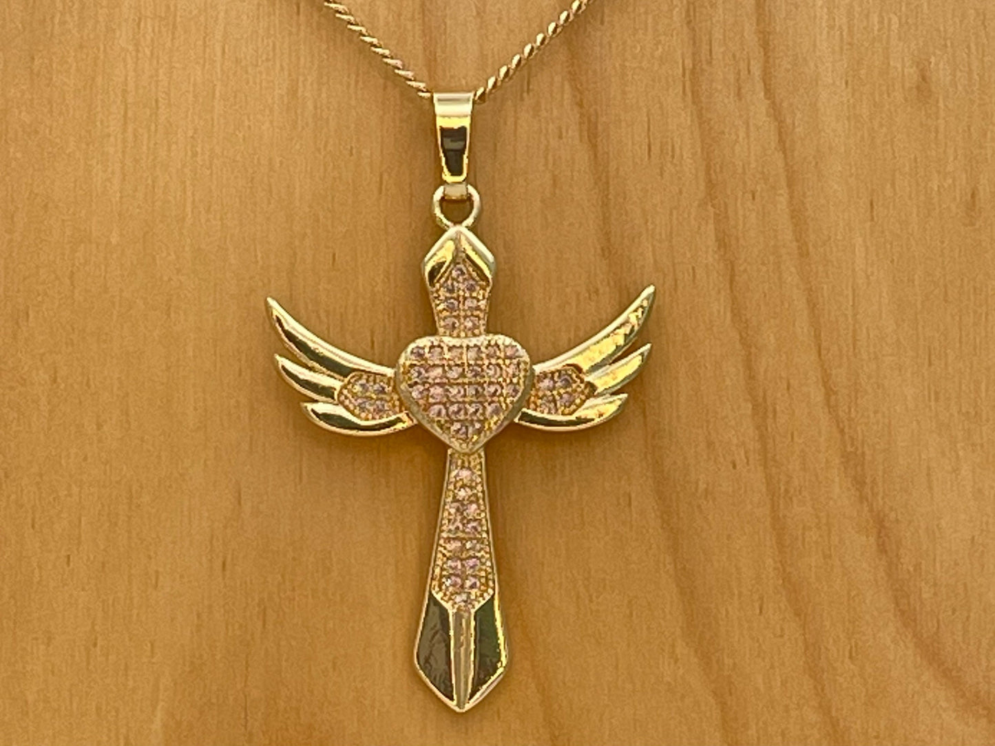 Handmade Gold Loving Angel Wing Cross Necklace Dainty Angel Pendant With All Zirconia Wing and Gold Chain Making Wholesale, Gift for her