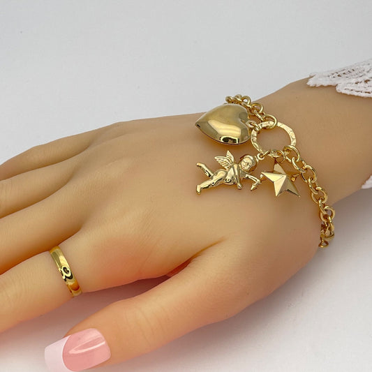 Love Bracelet, Cupid Angel Gold Bracelet for Women, Gold Charm Bracelet Mix Charms Heart, Star and Angel, Gift for Her Handmade Gold Filled