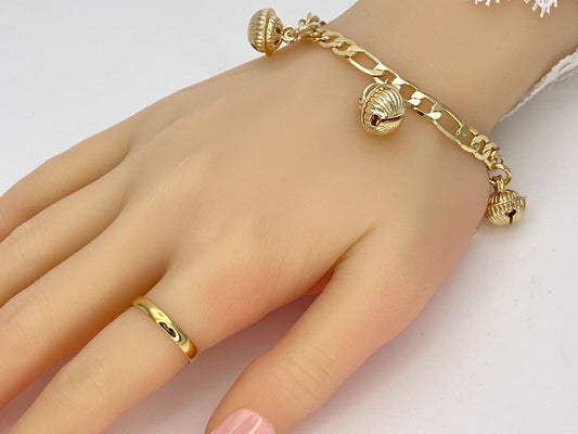 Handmade Rattle Bell Charm Gold Bracelet, Gold Filled Bracelet Gift for Her Dainty and Chunky Bracelet