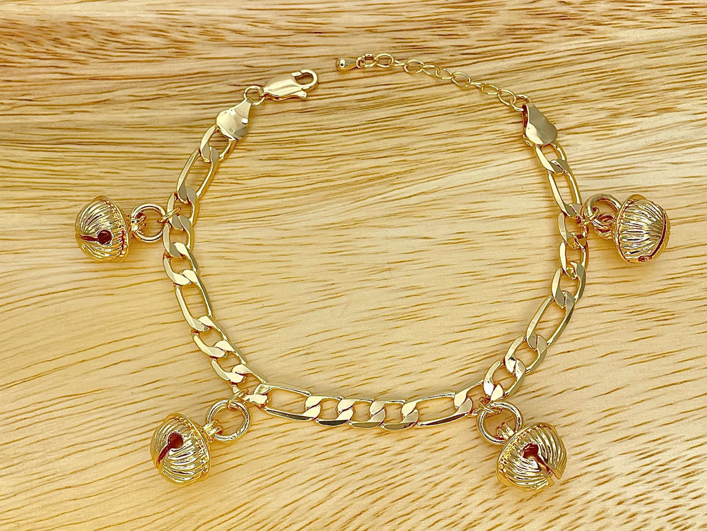 Handmade Rattle Bell Charm Gold Bracelet, Gold Filled Bracelet Gift for Her Dainty and Chunky Bracelet