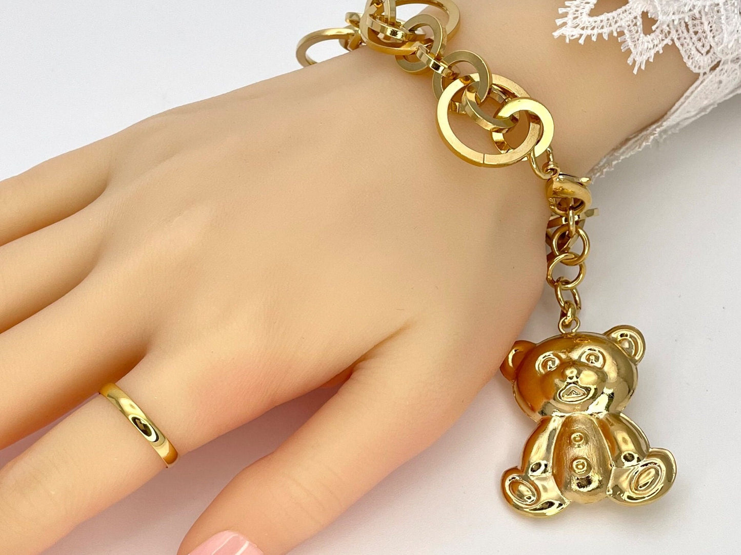 Handmade TEDDY BEAR Charm Gold Bracelet, Gold Filled Bracelet Gift for Her Dainty and Chunky Bracelet