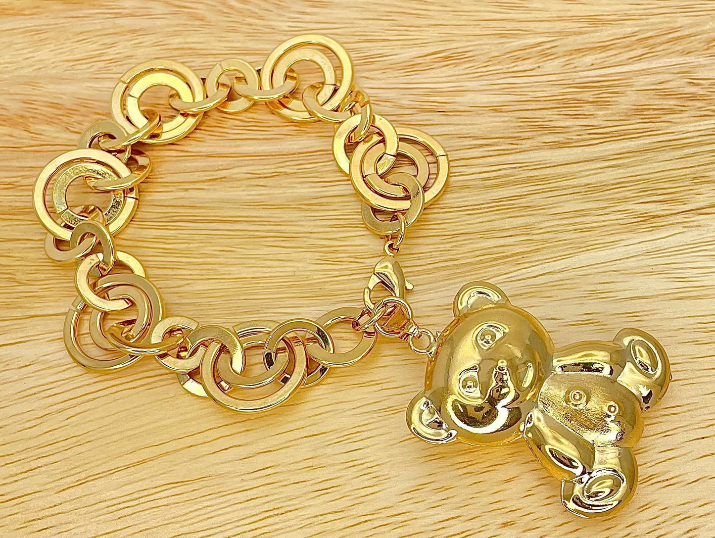 Handmade TEDDY BEAR Charm Gold Bracelet, Gold Filled Bracelet Gift for Her Dainty and Chunky Bracelet