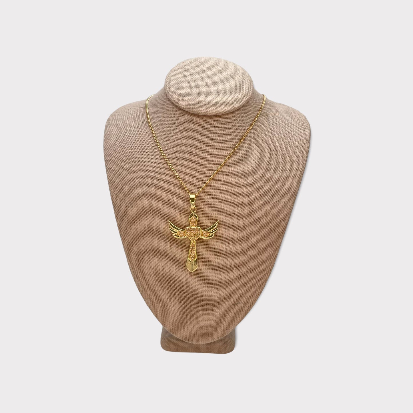 Handmade Gold Loving Angel Wing Cross Necklace Dainty Angel Pendant With All Zirconia Wing and Gold Chain Making Wholesale, Gift for her