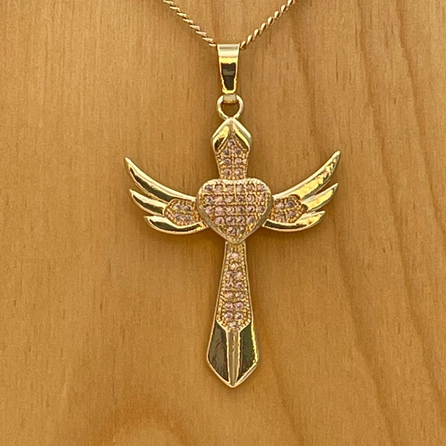 Handmade Gold Loving Angel Wing Cross Necklace Dainty Angel Pendant With All Zirconia Wing and Gold Chain Making Wholesale, Gift for her