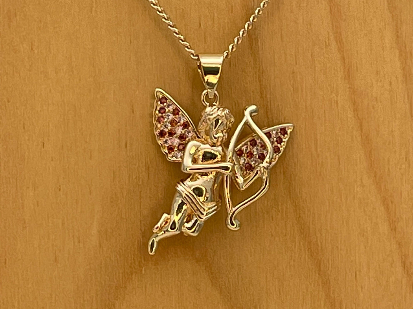 Handmade Gold love Angel Chain Necklace Dainty Angel Pendant Red Zirconia Wing, Chain Gold Filled Making Wholesale, Minimalist Gift for Her