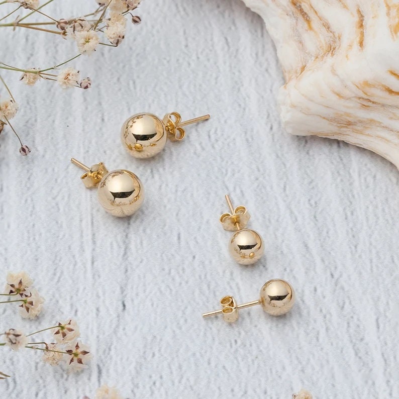 4 Pairs. Minimalist Gold Ball Stud Earrings, Butterfly Pushbacks 2mm to 12mm, Sleeper earrings, Unisex Gold Finish