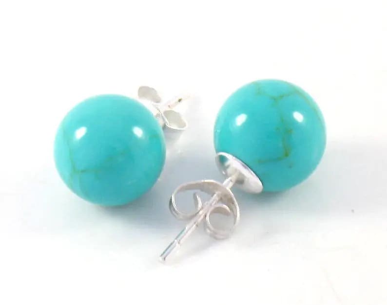 6MM to 10MM - Real Solid Sterling Silver & Blue Turquoise Ball Stud Earrings or 3 Pieces Set, 925 Sterling Silver, Bridesmaid Gift for Her