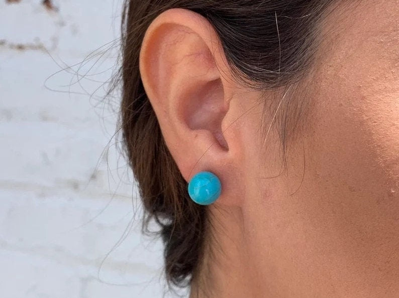 6MM to 12MM - Real Solid Sterling Silver & Blue Turquoise Ball Stud Earrings 3 Pieces Set, 925 Sterling Silver, Bridesmaid Gift for Her