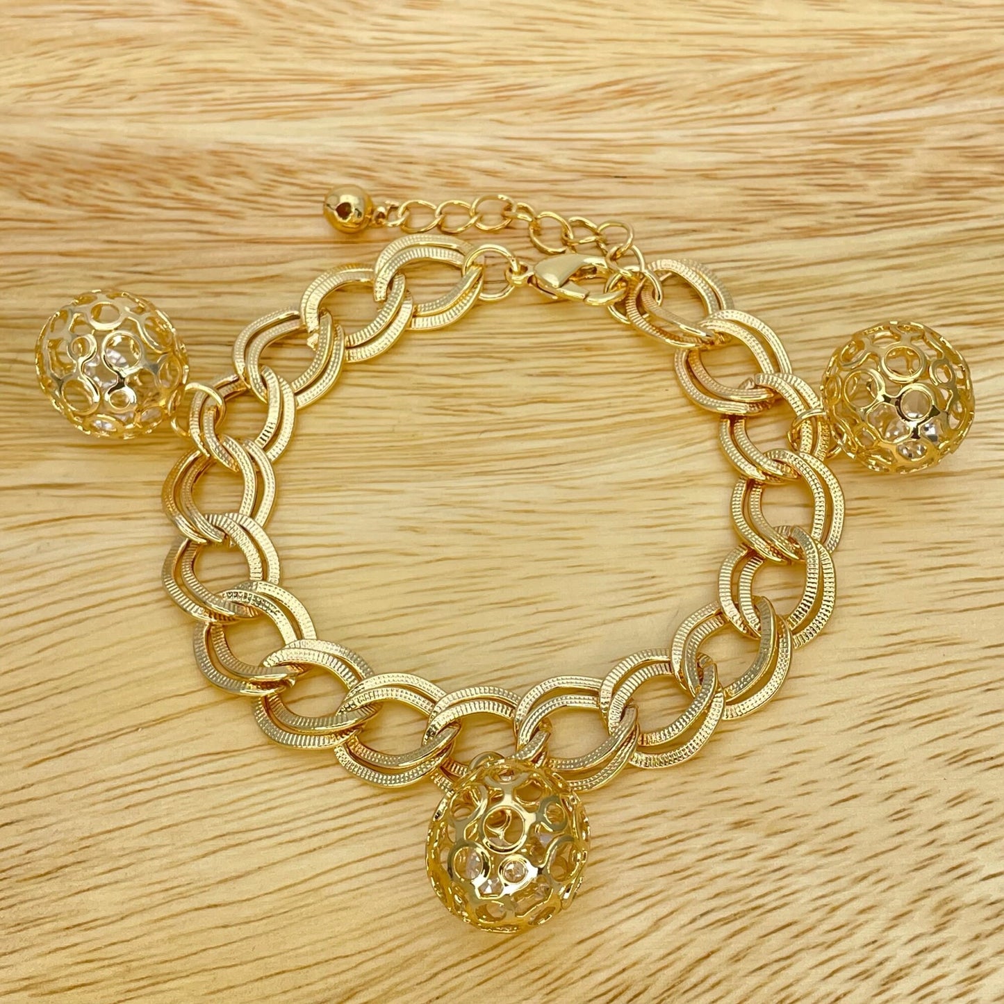 Handmade Gold Bracelet, Gift Her with Gold Filled Charm Dainty Bracelet  Chunky and Simple Gold Ball with Dangling CZ Diamond Inside