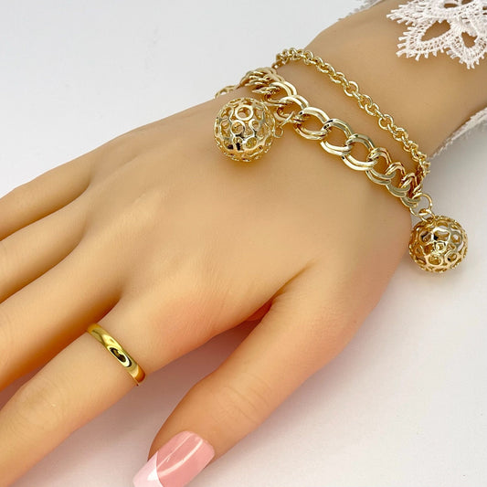 Handmade Double Chain Gold Bracelet, Gift Her, Gold Filled Statement Dainty and Chunky and Simple Gold Charm Ball Dangling CZ Diamond Inside