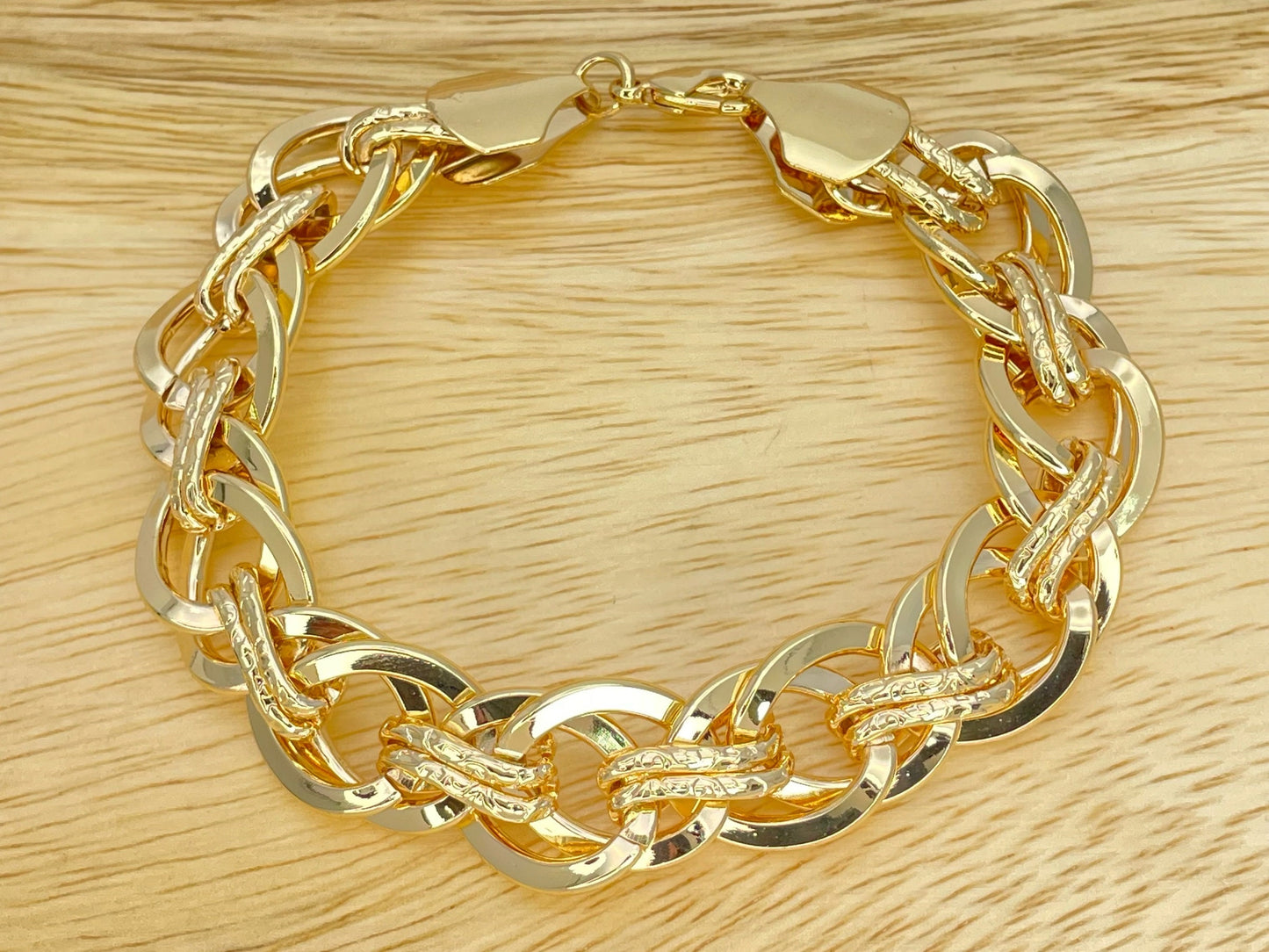 9MM Handmade Statement Double Bail Link Gold Chain Bracelet, Gift Her, Gold Filled Statement Dainty but Chunky Diamond Cut Chain Bracelet