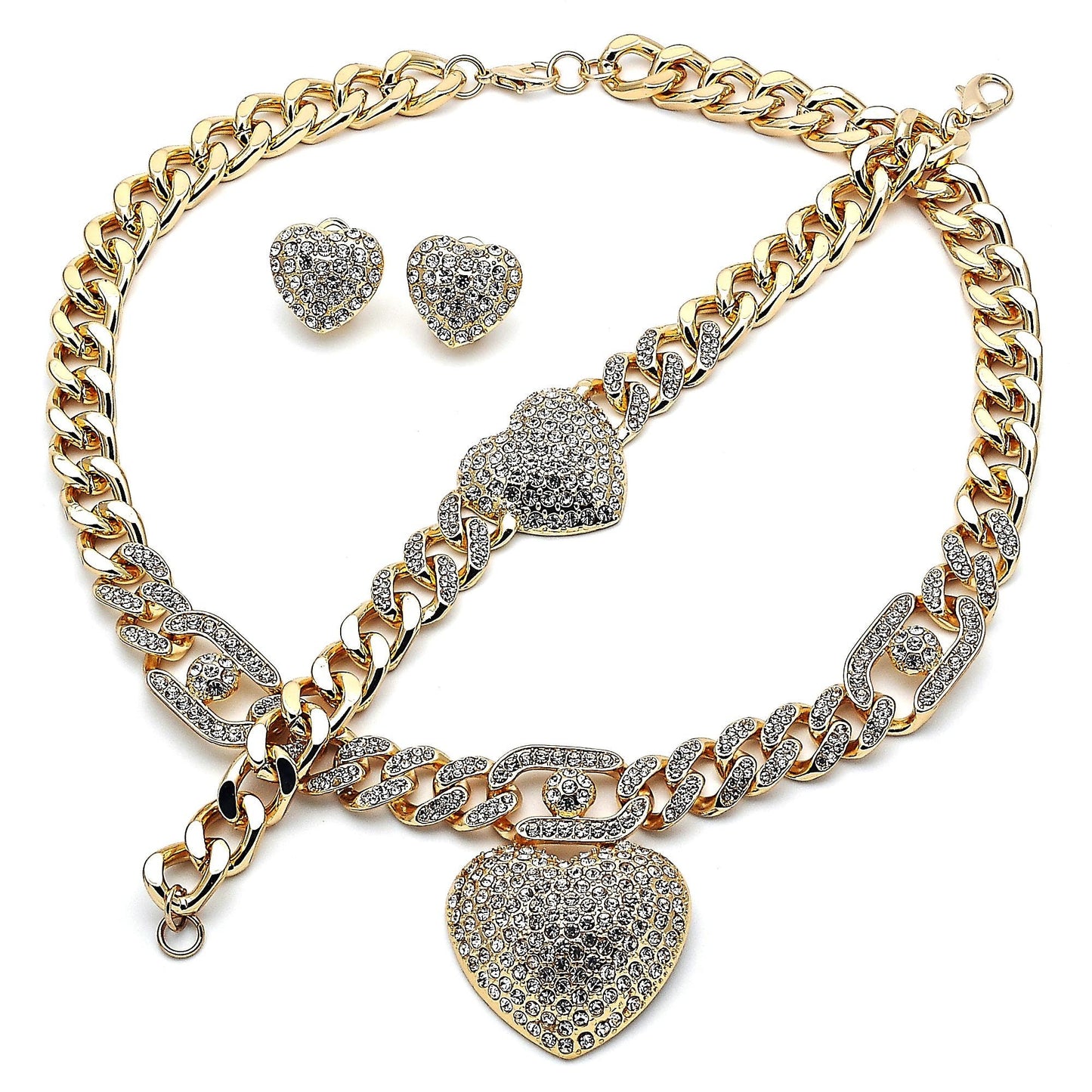 15MM Iced out Cuban Link Gold 18" Necklace Set 18K Gold Finish Earrings Included XOXO Crystal Necklace Gift For Her, Mother, HUGS and KISSES