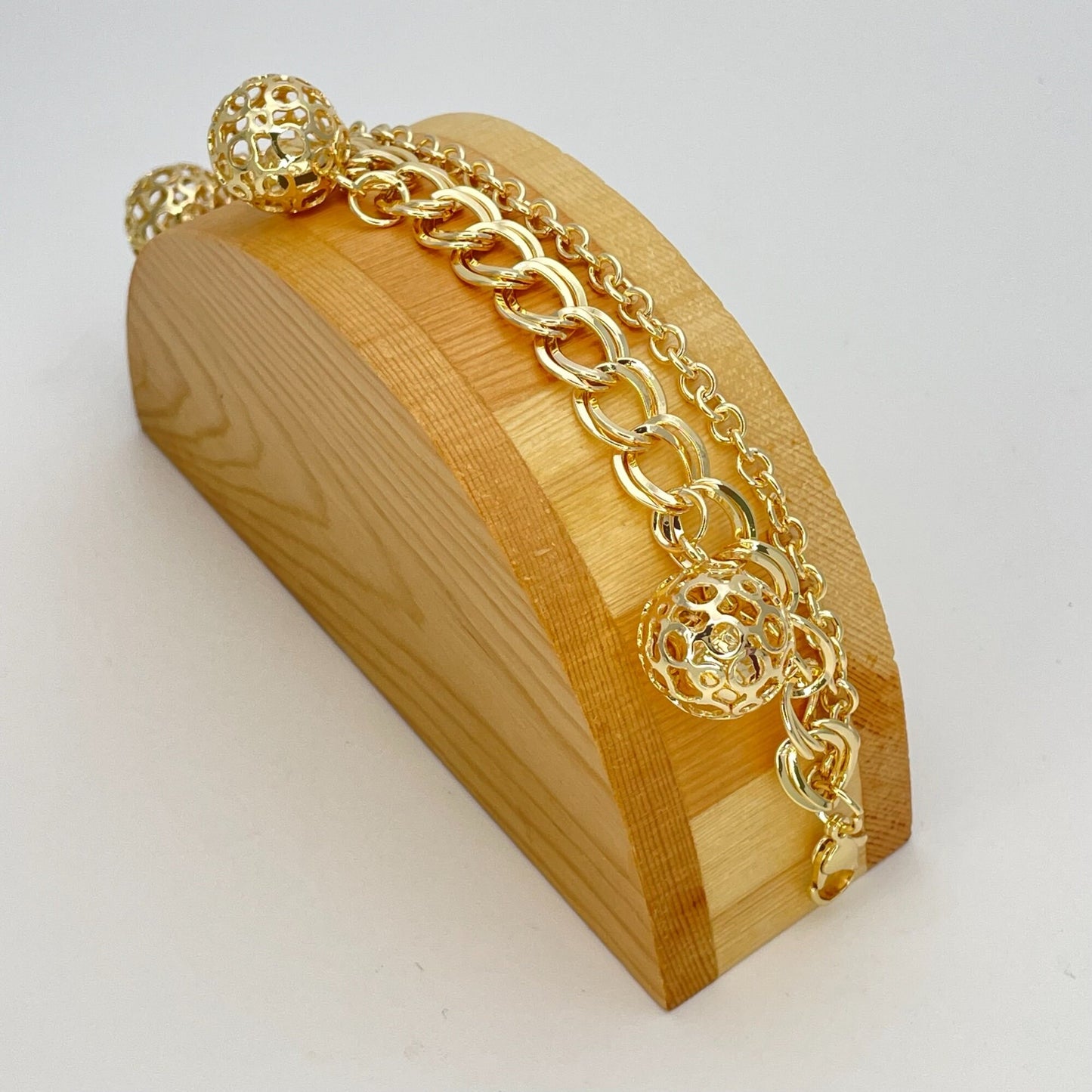 Handmade Double Chain Gold Bracelet, Gift Her, Gold Filled Statement Dainty and Chunky and Simple Gold Charm Ball Dangling CZ Diamond Inside