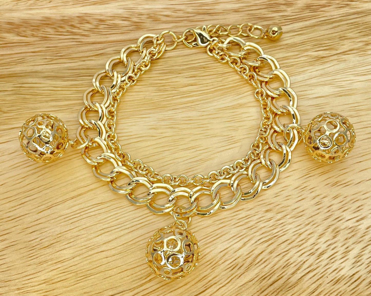 Handmade Double Chain Gold Bracelet, Gift Her, Gold Filled Statement Dainty and Chunky and Simple Gold Charm Ball Dangling CZ Diamond Inside