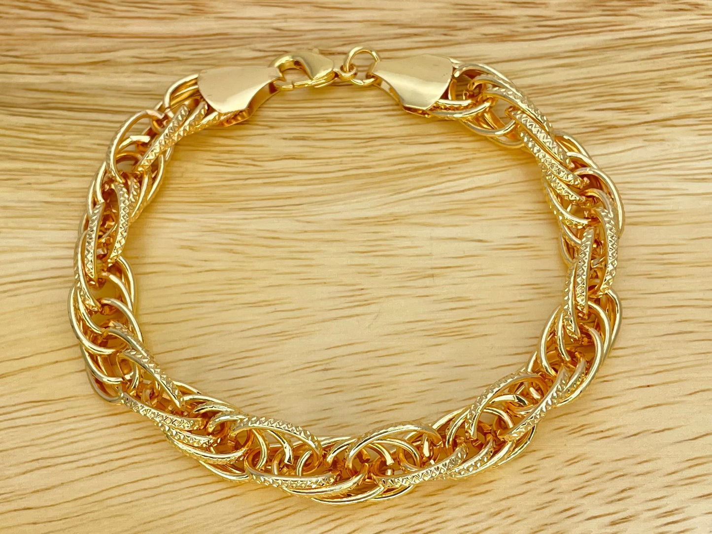 9MM Handmade Statement Thick Gold Bracelet Gold Filled Chunky Bracelet Light Diamond Cut, Gift Her, Gift for Best Friend 14K Gold Finish