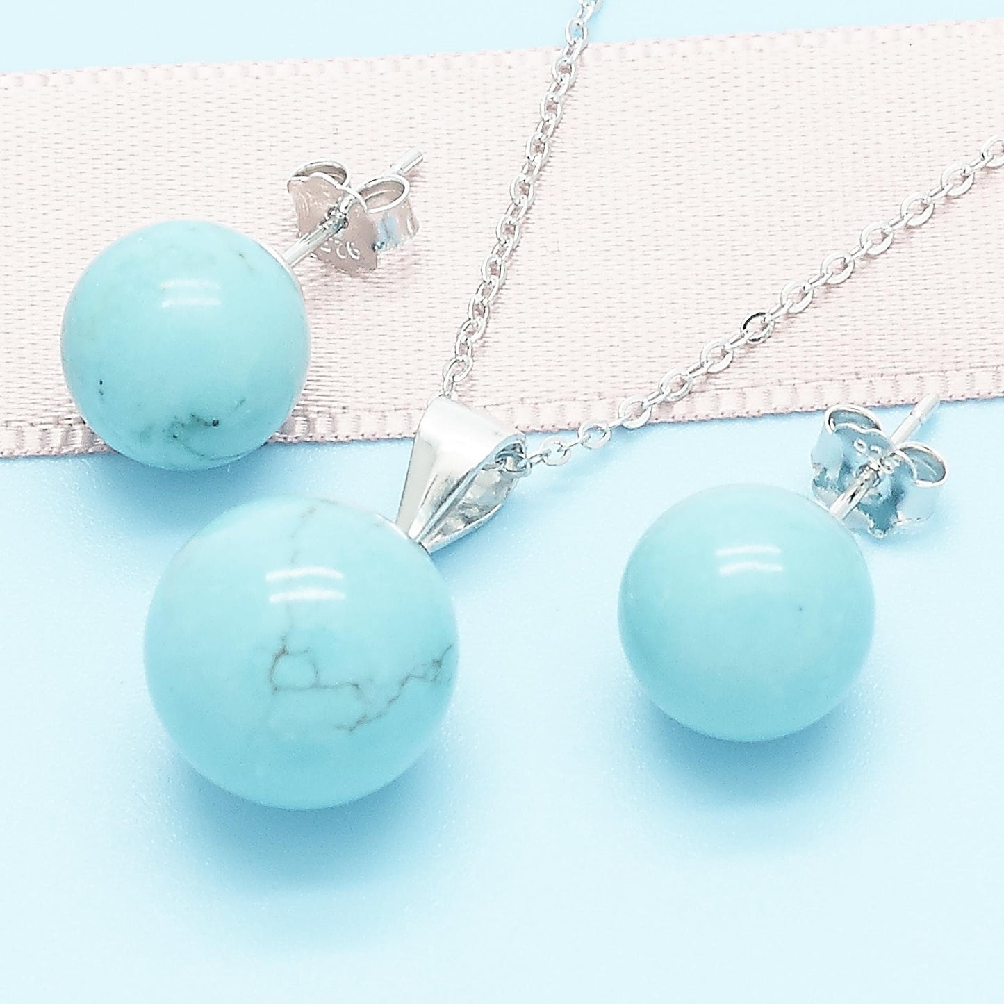 6MM to 12MM - Real Solid Sterling Silver & Blue Turquoise Ball Stud Earrings or 3 Pieces Set, 925 Sterling Silver, Bridesmaid Gift for Her