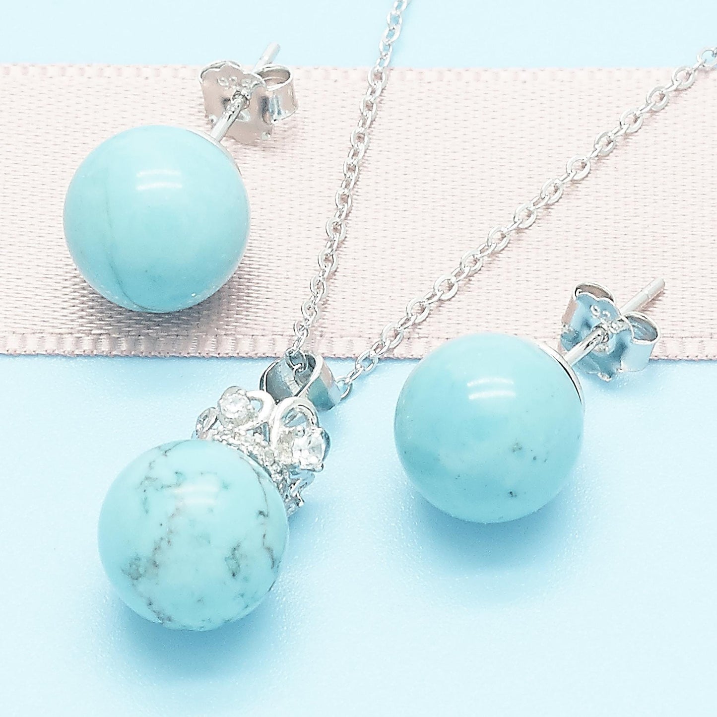 6MM to 10MM - Real Solid Sterling Silver & Blue Turquoise Ball Stud Earrings or 3 Pieces Set, 925 Sterling Silver, Bridesmaid Gift for Her