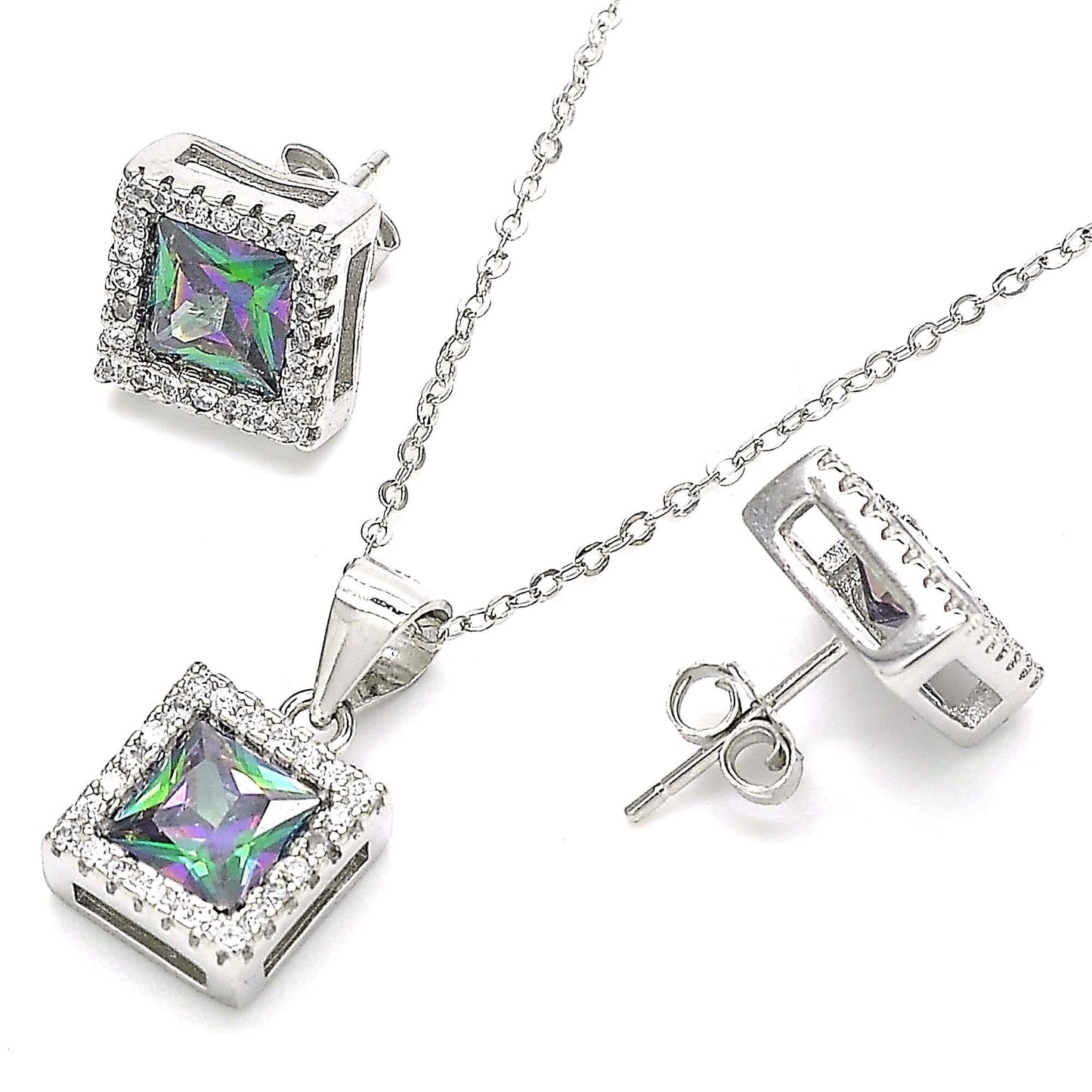 Sapphire Aurora Borealis with Zirconia, Solid Sterling Silver Necklace, Earrings, Charm, Greater Reflexion than of Tanzanite. Gift for Her