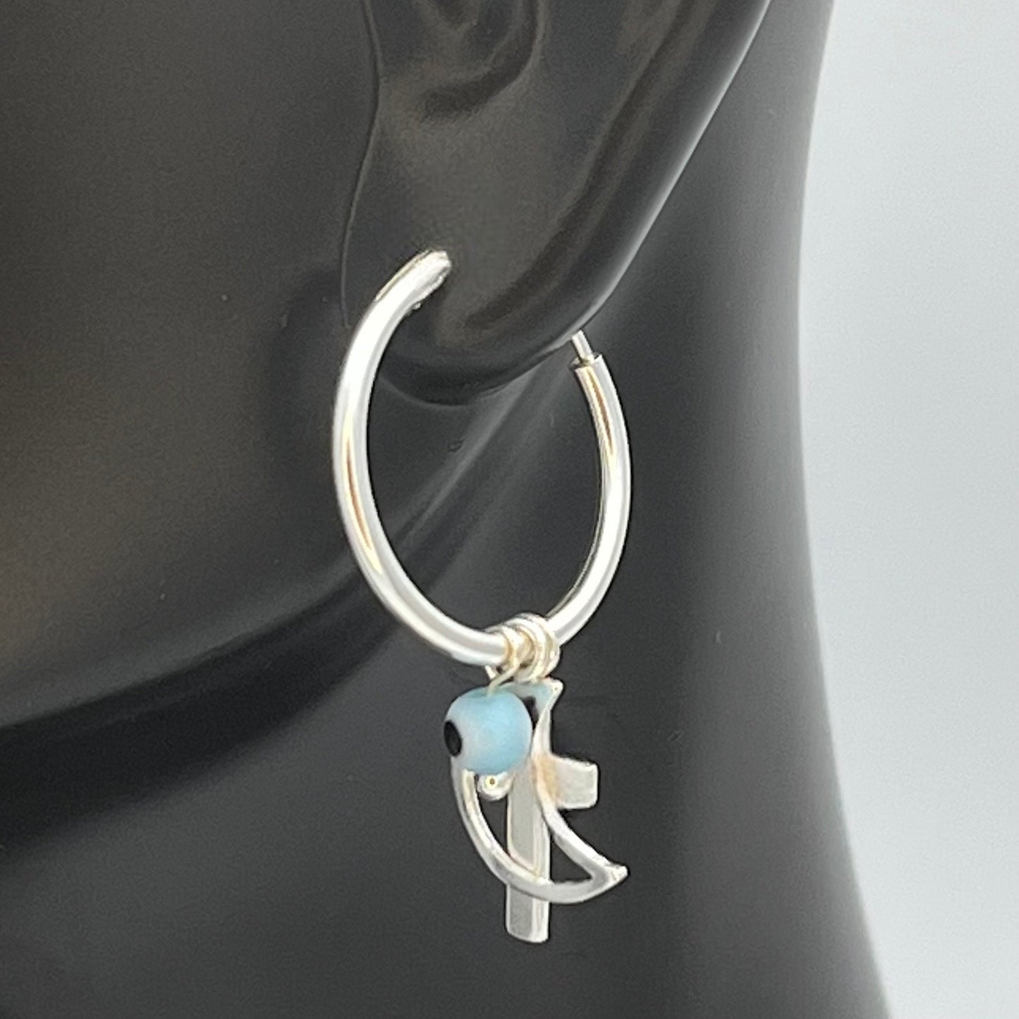 Sterling Silver Hoop Blue Evil Eye Minimalist and Dainty Earrings Hoops, DIY Hand Made Jewelry Wholesale, Bride Gift for Her. 149435